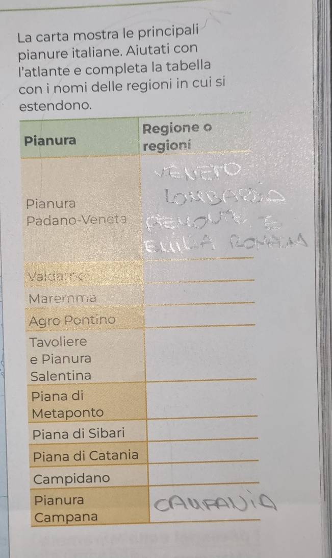 La carta mostra le principali 
pianure italiane. Aiutati con 
l'atlante e completa la tabella 
con i nomi delle regioni in cui si 
e