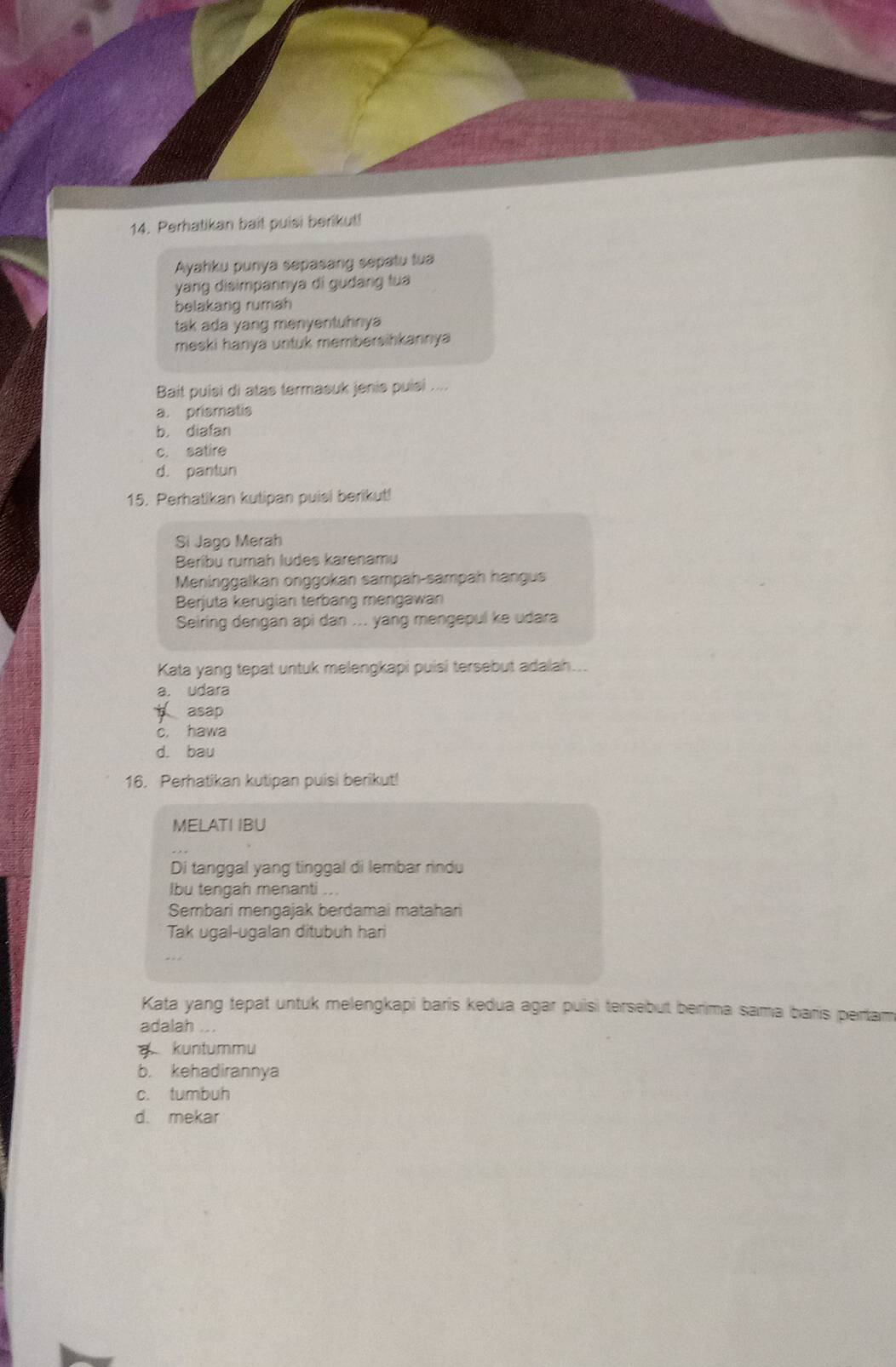 Perhatikan bait puisi berikut!
Ayahku punya sepasang sepatu tua
yang disimpannya di gudang tua
belakang rumah
tak ada yang menyentuhnya
meski hanya untuk membersihkannya
Bait puisi di atas termasuk jenis puisi ....
a. prismatis
b. diafan
c. satire
d. pantun
15. Perhatikan kutipan puisi berikut!
Si Jago Merah
Beribu rumah ludes karenamu
Meninggalkan onggokan sampah-sampah hangus
Berjuta kerugian terbäng mengawan
Seiring dengan api dan ... yang mengepul ke udara
Kata yang tepat untuk melengkapi puisi tersebut adalah...
a. udara
t asap
c. hawa
d. bau
16. Perhatikan kutipan puisi berikut!
MELATI IBU
Di tanggal yang tinggal di lembar rindu
Ibu tengah menanti ..
Sembari mengajak berdamai matahari
Tak ugal-ugalan ditubuh hari
Kata yang tepat untuk melengkapi baris kedua agar puisi tersebut berima sama baris pertam
adalah ...
kuntummu
b. kehadirannya
c. tumbuh
d. mekar