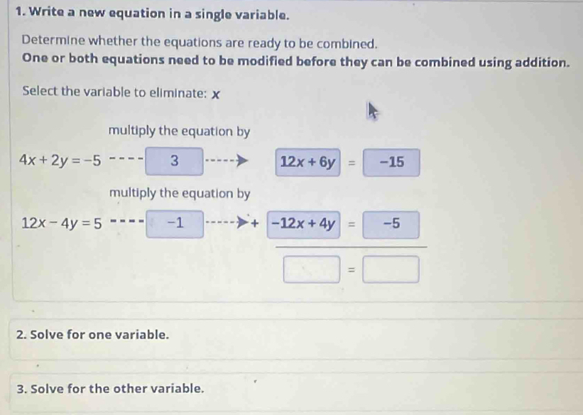 Write a new equation in a single variable. 
Determine whether the equations are ready to be combined. 
One or both equations need to be modified before they can be combined using addition. 
Select the variable to eliminate: x
multiply the equation by
4x+2y=-5 ---- 3
12x+6y=-15
multiply the equation by
12x-4y=5. -1 + 
frac -12x+4y=□  hline □ =□ endarray  
2. Solve for one variable. 
3. Solve for the other variable.