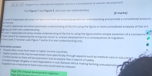 0 |2]. 4 ] Suggest how international migration can be a consequence of uneven development. 
Use Figure 7 and Figure 8, and your own understanding. [6 marks] 
* Level 3 responses will cover the figure and well-developed geographical understanding and provide a considered analysis 
of the link. 
* Level 2 responses will show reasonable understanding of the link using the figure or more considered analysis of the link 
ueing just their own understanding. 
* Level 1 responses will show simple understanding of the link to using the figure and/or simple assertion of a connectio 
* Max Level 2 for explaining the wrong way round i.e. uneven development is a consequence of migration. 
* Max Level 2 if answer uses Figure 7 and/or 8 or own understanding only. 
Indicative content 
* People often move from lower to higher income countries. 
Higher quality of life may be expressed more specifically through aspects such as medical care or education. 
Conflict zones so there will be population loss as people flee in search of safety. 
Climate change refugees or land degradation in sub-Saharan Africa making farming unsustainable 
migration as a response to food insecurity would also be relevant. 
Page 206 Unequal development migration