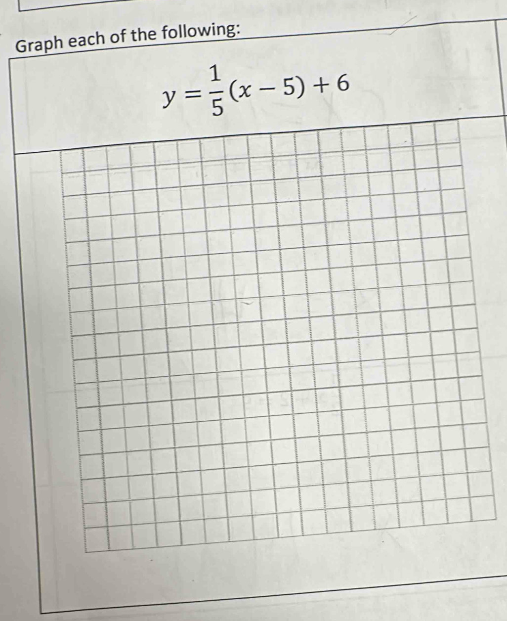 Graph each of the following:
y= 1/5 (x-5)+6