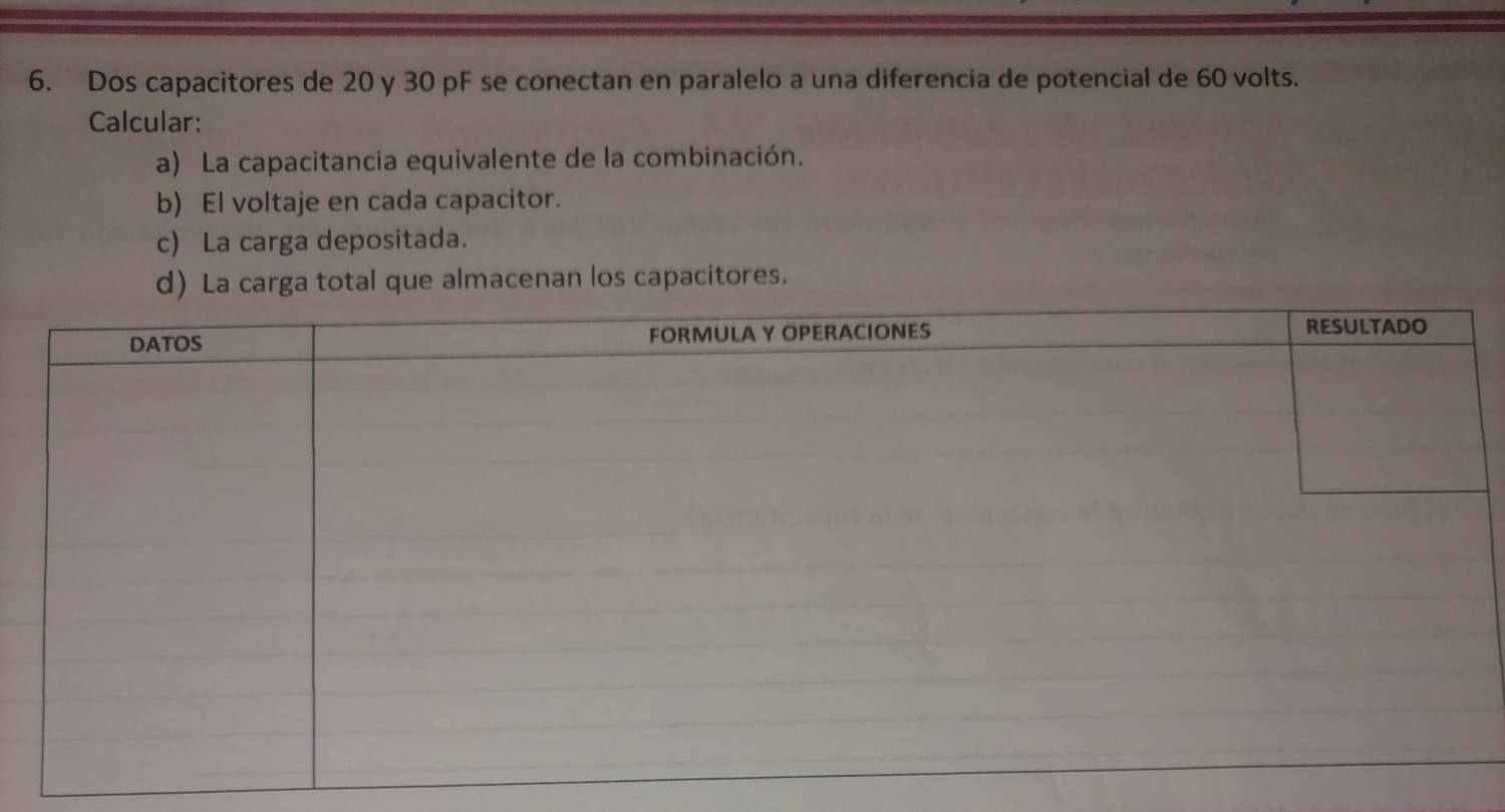 Dos capacitores de 20 y 30 pF se conectan en paralelo a una diferencia de potencial de 60 volts. 
Calcular: 
a) La capacitancia equivalente de la combinación. 
b) El voltaje en cada capacitor. 
c) La carga depositada. 
d) La carga total que almacenan los capacitores.