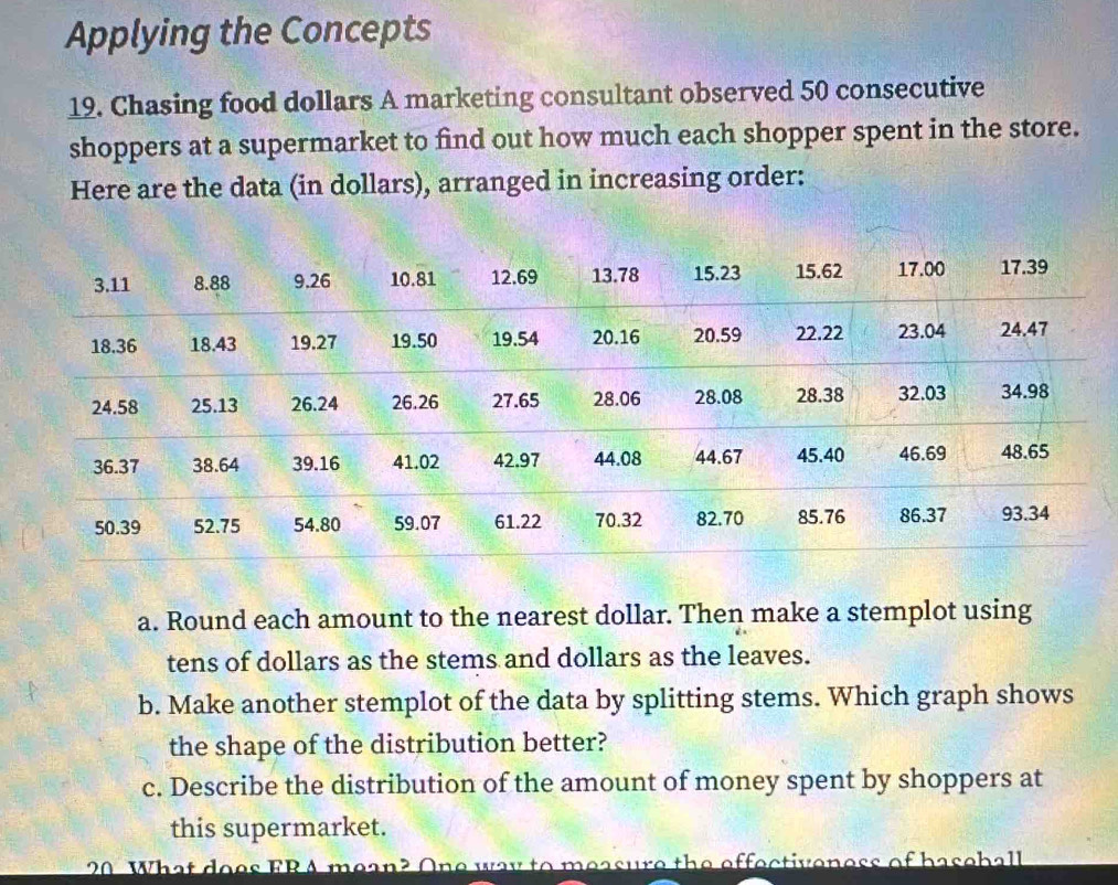 Applying the Concepts 
19. Chasing food dollars A marketing consultant observed 50 consecutive 
shoppers at a supermarket to find out how much each shopper spent in the store. 
Here are the data (in dollars), arranged in increasing order: 
a. Round each amount to the nearest dollar. Then make a stemplot using 
tens of dollars as the stems and dollars as the leaves. 
b. Make another stemplot of the data by splitting stems. Which graph shows 
the shape of the distribution better? 
c. Describe the distribution of the amount of money spent by shoppers at 
this supermarket. 
20 What does FR A mean? One way to measure the effectiveness of baseball