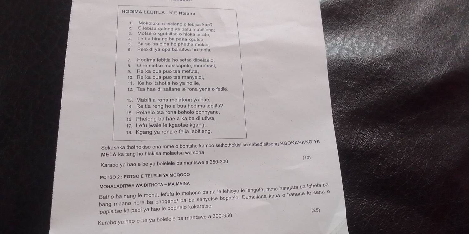 HODIMA LEBITLA - K.E Ntsane 1. Mokoloko o tseleng o lebisa kae? 2. O ...