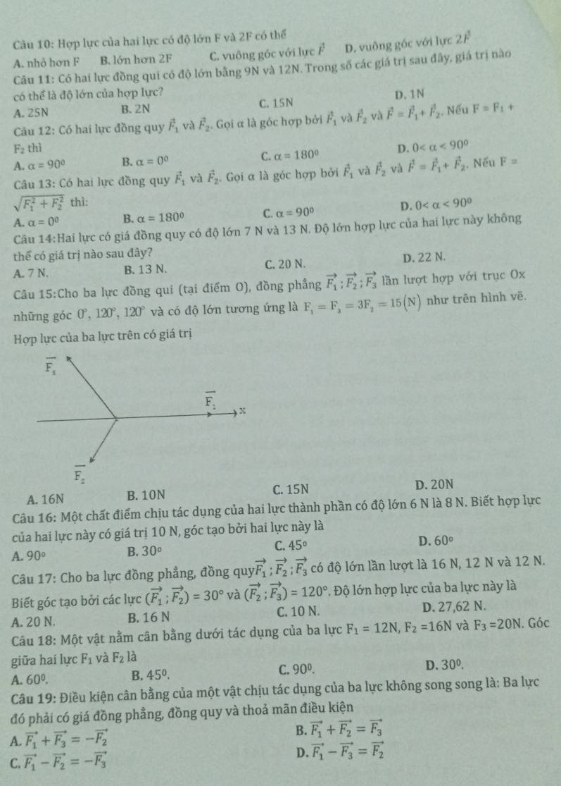 Hợp lực của hai lực có độ lớn F và 2F có thể
A. nhỏ hơn F B. l6n hơn 2F C. vuông góc với lực vector F D. vuông góc với lực 2P^(2P)
Câu 11: Có hai lực đồng qui có độ lớn bằng 9N và 12N. Trong số các giá trị sau đây, giá trị nào
có thể là độ lớn của hợp lực?
A. 25N B. 2N C. 15N D. 1N
Cu 12: Có hai lực đồng quy vector F_1 và vector F_2 Gọi α là góc hợp bởi và và . Nếu F=F_1+
F_2 thì vector F_1 hat F_2 vector F=vector F_1+vector F_2
D. 0 <90°
A. alpha =90° B. alpha =0^0 C. alpha =180°
Câu 13: Có hai lực đồng quy vector F_1 và vector F_2.  Gọi α là góc hợp bởi vector F_1 và vector F_2 và vector F=vector F_1+vector F_2. Nếu F=
sqrt (F_1)^2+F_2^2 thì:
D. 0 <90°
A. alpha =0^0 B. alpha =180° C. alpha =90°
Câu 14:Hai lực có giá đồng quy có độ lớn 7 N và 13 N. Độ lớn hợp lực của hai lực này không
thể có giá trị nào sau đây?
A. 7 N. B. 13 N. C. 20 N. D. 22 N.
Câu 15:Cho ba lực đồng qui (tại điểm O), đồng phẳng vector F_1;vector F_2;vector F_3 lần lượt hợp với trục Ox
những góc 0°,120°,120° và có độ lớn tương ứng là F_1=F_3=3F_2=15(N) như trên hình vē.
Hợp lực của ba lực trên có giá trị
overline F_1
vector F_2 x
overline F_2
A. 16N B. 10N C. 15N
D. 20N
Câu 16: Một chất điểm chịu tác dụng của hai lực thành phần có độ lớn 6 N là 8 N. Biết hợp lực
của hai lực này có giá trị 10 N, góc tạo bởi hai lực này là
A. 90° B. 30° C. 45° D. 60°
Câu 17: Cho ba lực đồng phẳng, đồng quy vector F_1;vector F_2 ;vector F_3 có độ lớn lần lượt là 16 N, 12 N và 12 N.
Biết góc tạo bởi các lực (vector F_1;vector F_2)=30° và (vector F_2;vector F_3)=120° Độ lớn hợp lực của ba lực này là
A. 20 N. B. 16 N C. 10 N. D. 27,62 N.
Câu 18: Một vật nằm cân bằng dưới tác dụng của ba lực F_1=12N,F_2=16N và F_3=20N 1. Góc
giữa hai lực F_1 và F_2 là
A. 60^0.
B. 45°. C. 90^0. D. 30^0.
Câu 19: Điều kiện cân bằng của một vật chịu tác dụng của ba lực không song song là: Ba lực
đó phải có giá đồng phẳng, đồng quy và thoả mãn điều kiện
A. vector F_1+vector F_3=-vector F_2 B. vector F_1+vector F_2=vector F_3
C. vector F_1-vector F_2=-vector F_3
D. vector F_1-vector F_3=vector F_2