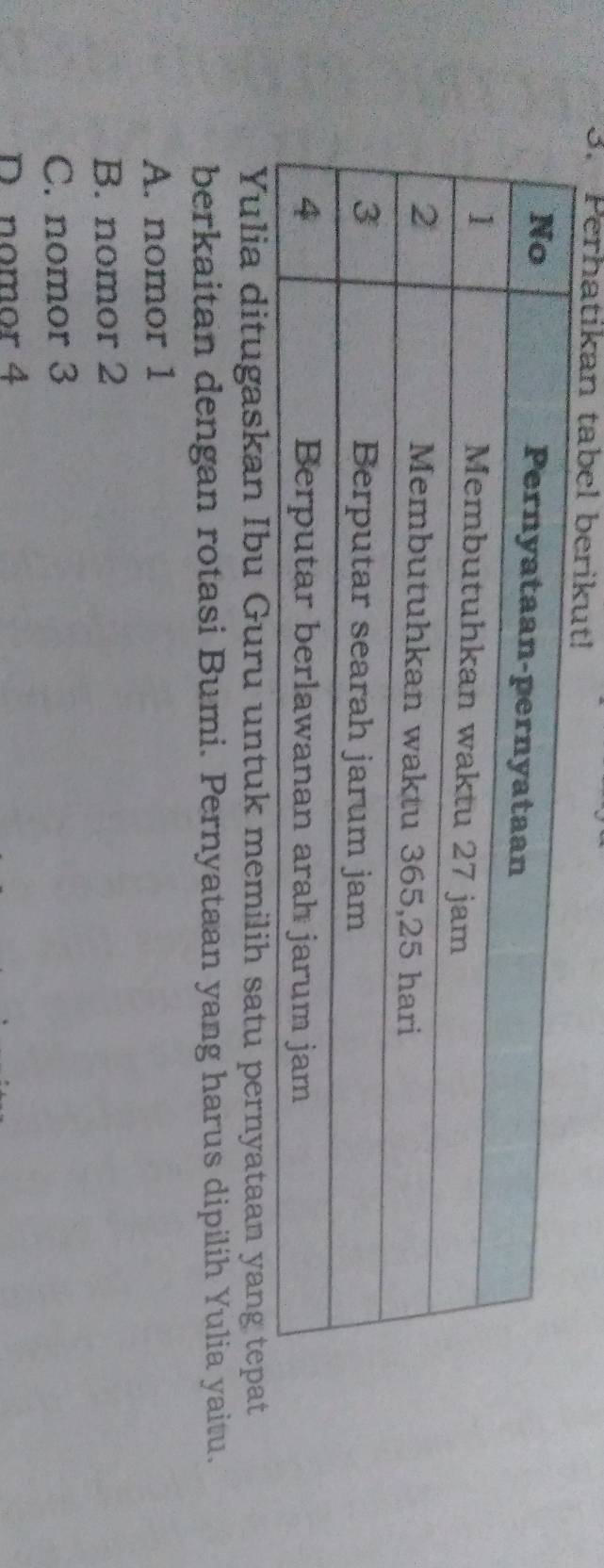 Perhatikan tabel ber
Yulia ditugaskan Ibu Guru untuk memilih satu pernyataan yang tepat
berkaitan dengan rotasi Bumi. Pernyataan yang harus dipilih Yulia yaitu.
A. nomor 1
B. nomor 2
C. nomor 3
D. nomor 4