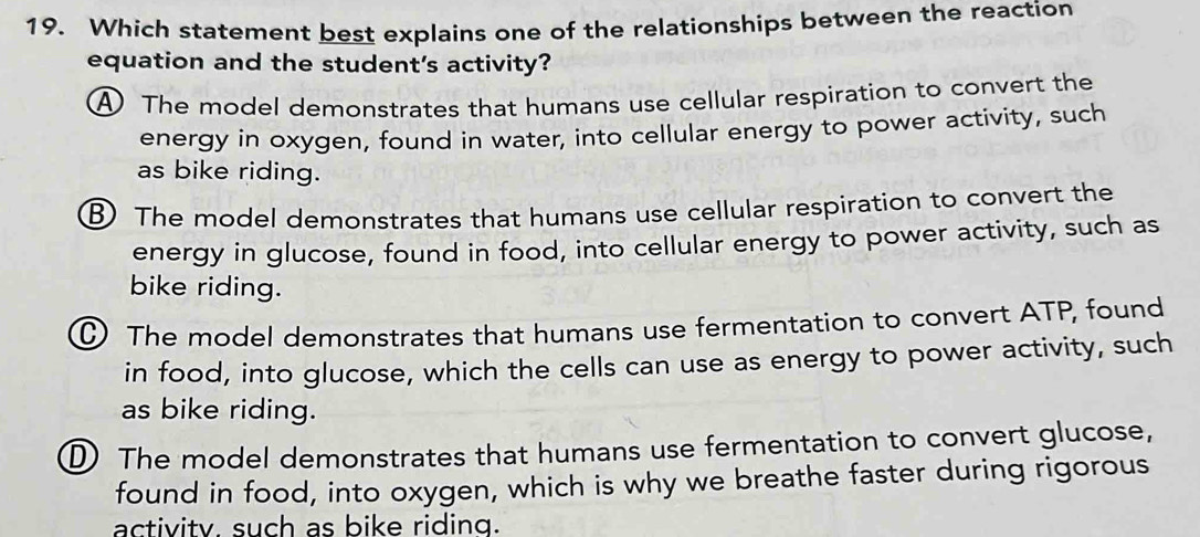 Which statement best explains one of the relationships between the reaction
equation and the student's activity?
A The model demonstrates that humans use cellular respiration to convert the
energy in oxygen, found in water, into cellular energy to power activity, such
as bike riding.
B The model demonstrates that humans use cellular respiration to convert the
energy in glucose, found in food, into cellular energy to power activity, such as
bike riding.
) The model demonstrates that humans use fermentation to convert ATP, found
in food, into glucose, which the cells can use as energy to power activity, such
as bike riding.
D The model demonstrates that humans use fermentation to convert glucose,
found in food, into oxygen, which is why we breathe faster during rigorous
activity. such as bike riding.