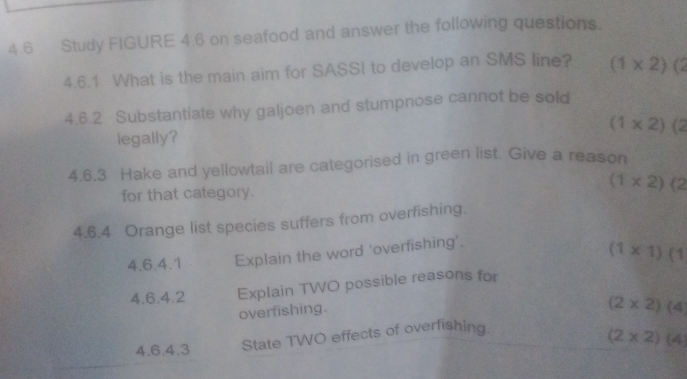 4.6 Study FIGURE 4.6 on seafood and answer the following questions.
4.6.1 What is the main aim for SASSI to develop an SMS line? (1* 2)(2
4.6.2 Substantiate why galjoen and stumpnose cannot be sold
(1* 2)(2
legally?
4.6.3 Hake and yellowtail are categorised in green list. Give a reason
for that category.
(1* 2)(2
4.6.4 Orange list species suffers from overfishing.
4.6.4.1 Explain the word ‘overfishing’.
(1* 1)(1
4.6.4.2 Explain TWO possible reasons for
overfishing.
(2* 2)(4
4.6.4.3 State TWO effects of overfishing.
(2* 2)(4)