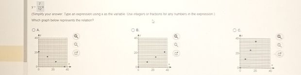 y= 7/12 x
(Simplity your answer. Type an expression using x as the vanable. Use integers or fractions for any numbers in the expression ) 
Which graph below represents the relation? 
A 
C. 
A
20
20
H 
' 
20 45
x