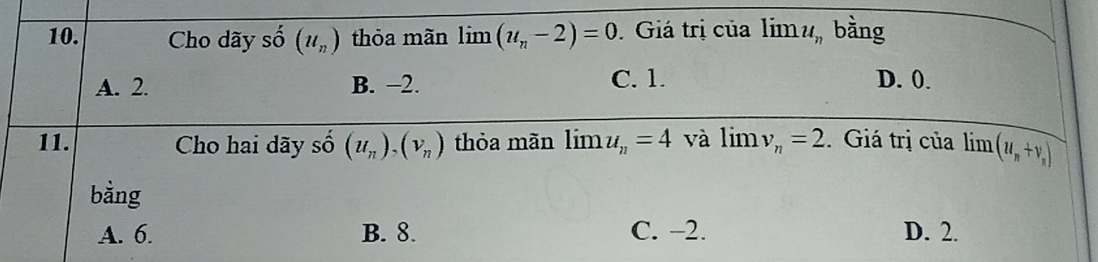 Cho dãy số (u_n) thỏa mãn limlimits (u_n-2)=0. Giá trị của limu, bằng
A. 2. B. −2.
C. 1. D. 0.
11. Cho hai dãy số (u_n)_,(v_n) thỏa mãn limlimits u_n=4 và limlimits v_n=2.Giá trị của lim (u_n+v_n)
bằng
A. 6. B. 8. C. −2. D. 2.