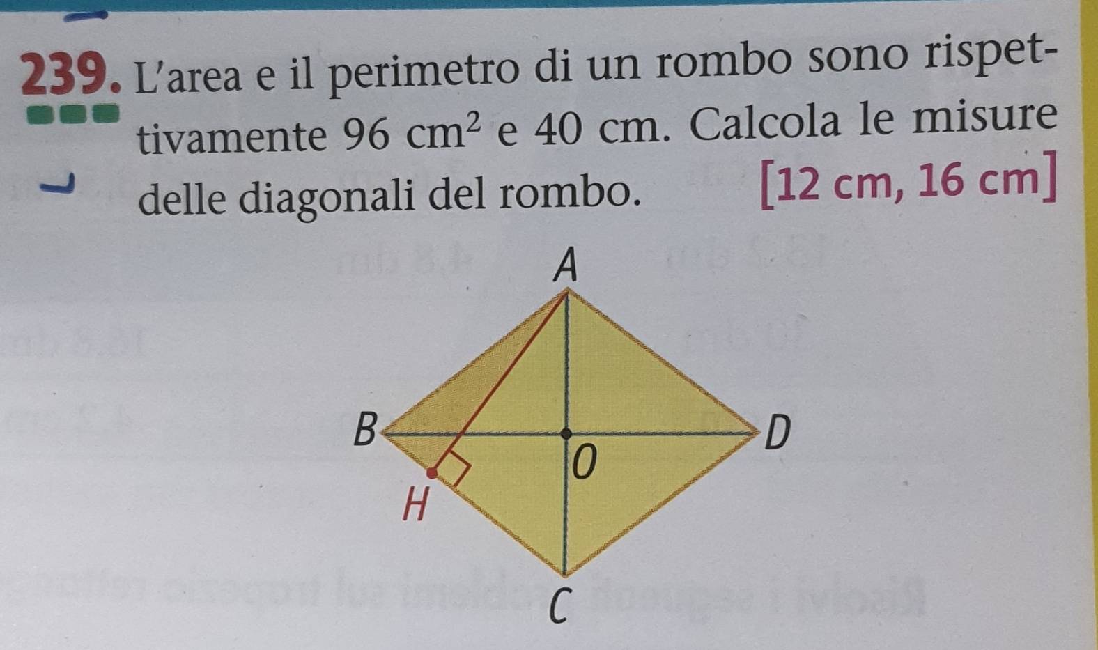 L’area e il perimetro di un rombo sono rispet- 
tivamente 96cm^2 e 40 cm. Calcola le misure 
delle diagonali del rombo. [ 12 cm, 16 cm ]