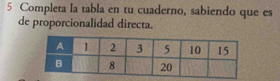 Completa la tabla en tu cuaderno, sabiendo que es 
de proporcionalidad directa.