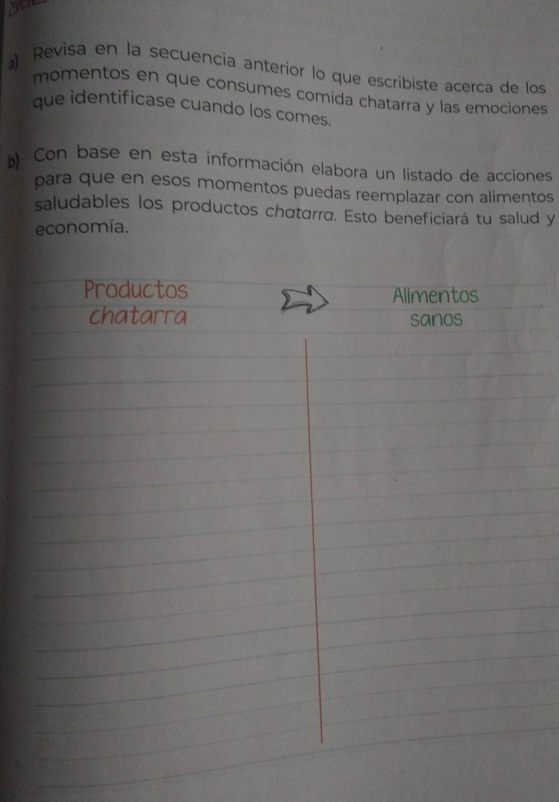 Bo 
a) Revisa en la secuencia anterior lo que escribiste acerca de los 
momentos en que consumes comida chatarra y las emociones 
que identificase cuando los comes. 
b Con base en esta información elabora un listado de acciones 
para q u e en esos momentos puedas reemplazar con alimentos 
saludables los productos chatarra. Esto beneficiará tu salud y 
economía.