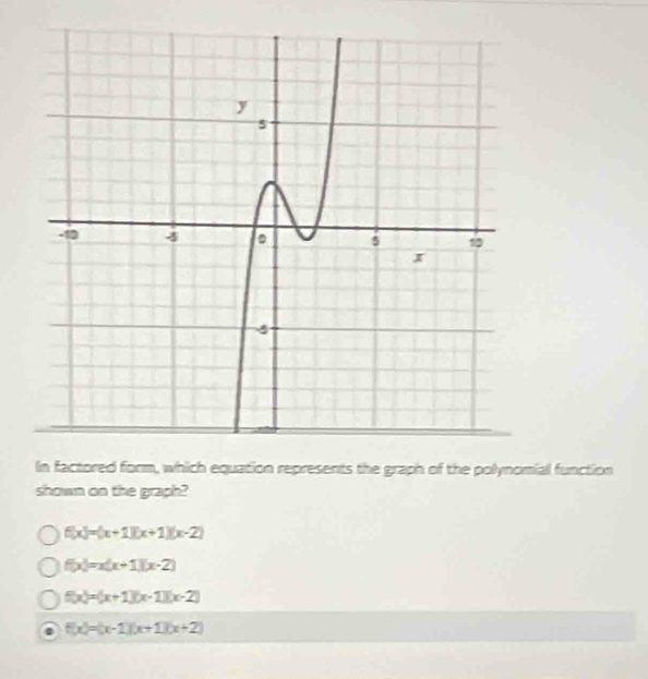 In factored form, which equation represents the graph of the polynomial function
shown on the graph?
f(x)=(x+1)(x+1)(x-2)
f(x)=x(x+1)(x-2)
f(x)=(x+1)(x-1)(x-2). f(x)=(x-1)(x+1)(x+2)