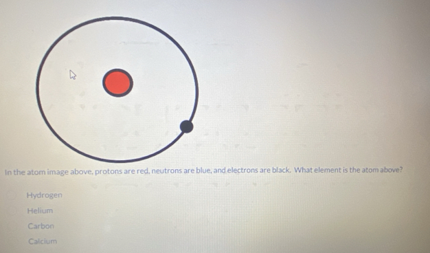 In the atom image above, protons are red, neutrons are blue, and electrons are black. What element is the atom above?
Hydrogen
Helium
Carbon
Calcium