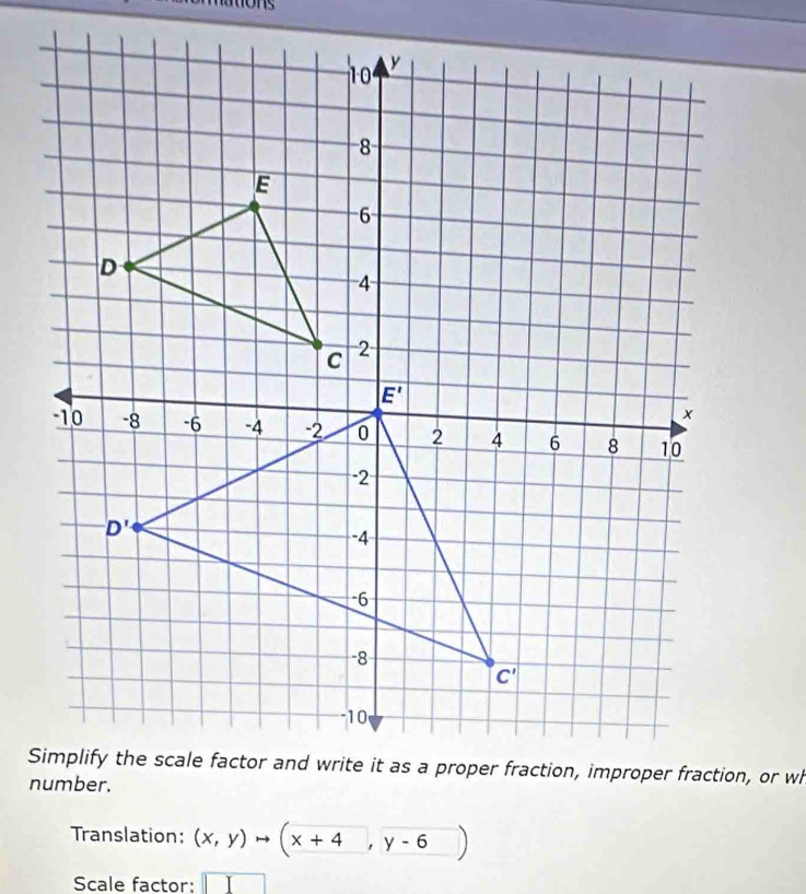 Translation: (x,y)to (x+4,y-6)
Scale factor: