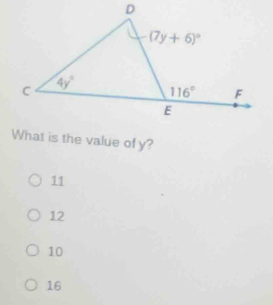 What is the value of y?
11
12
10
16