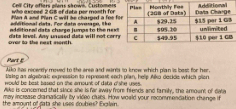 Cell City offers plans shown. Customers 
who exceed 2 GB of data per month for 
Plan A and Plan C will be charged a fee f 
additional data. For data overage, the 
additional data charge jumps to the next 
data level. Any unused data will not carr 
over to the next month. 
Part E 
Alko has recently moved to the eree and wants to know which plan is best for her. 
Lising an algebraic expression to represent each plan, help Alko decide which plan 
would be best based on the amount of data df she uses. 
Alko is concerned that since she is far away from friends and family, the amount of data 
mey increase cramatically by video chats. How would your recommendation change if 
the amount of data she uses doubles? Explain.