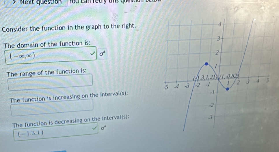 Next question You can retry this question
Consider the function in the graph to the right.
The domain of the function is:
(-∈fty ,∈fty )
sigma^6
The range of the function is:
The function is increasing on the interval(s):
The function is decreasing on the interval(s):
sigma°
(-1.3.1)