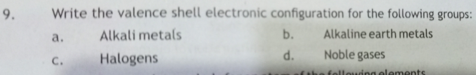 Write the valence shell electronic configuration for the following groups:
a. Alkali meta(s b. Alkaline earth metals
C. Halogens
d. Noble gases