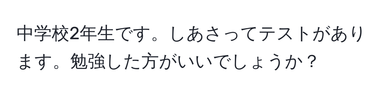 中学校2年生です。しあさってテストがあります。勉強した方がいいでしょうか？