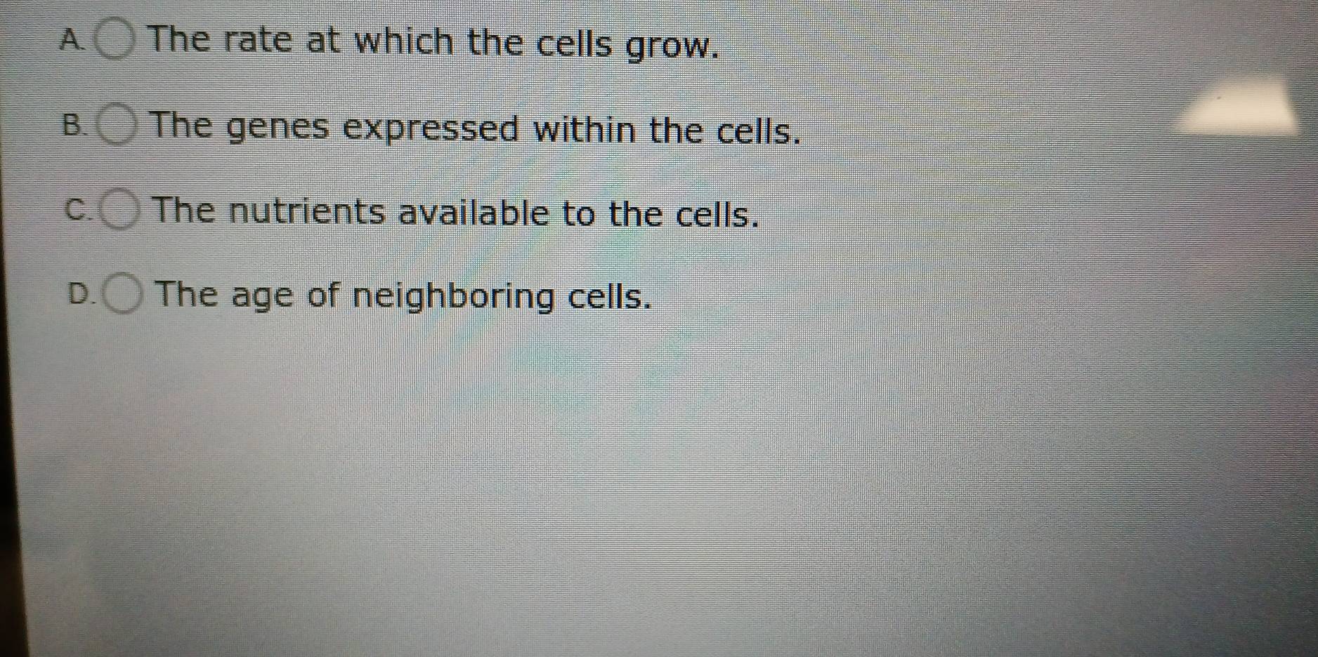 A The rate at which the cells grow.
B. The genes expressed within the cells.
C. The nutrients available to the cells.
D. The age of neighboring cells.