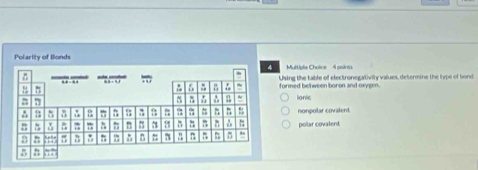 Polarity of Ronds
Multiplie Choice 4 points
formed between boron and oxygen. Using the table of electronegativily values, determine the lype of bond
lonic
nonpolar covalent
polar covalent