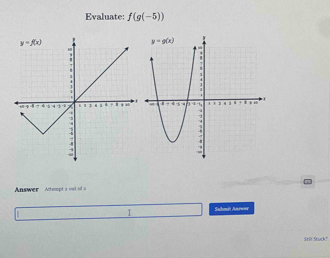 Evaluate: f(g(-5))
Answer Attempt 2 out of 2
I
Submit Answer
Still Stuck?