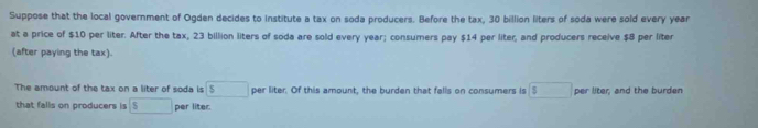 Suppose that the local government of Ogden decides to institute a tax on soda producers. Before the tax, 30 billion liters of soda were sold every year
at a price of $10 per liter. After the tax, 23 billion liters of soda are sold every year; consumers pay $14 per liter, and producers receive $8 per liter
(after paying the tax). 
The amount of the tax on a liter of soda is boxed 5 per liter. Of this amount, the burden that falls on consumers is boxed s per liter, and the burden 
that falls on producers is