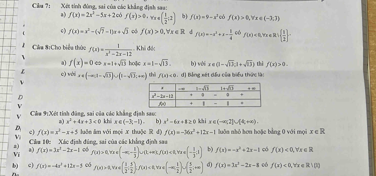 Xét tính đúng, sai của các khẳng định sau:
a) f(x)=2x^2-5x+2 có f(x)>0,forall x∈ ( 1/2 ;2) b) f(x)=9-x^2 có f(x)>0,forall x∈ (-3;3)

c) f(x)=x^2-(sqrt(7)-1)x+sqrt(3) có f(x)>0,forall x∈ R d f(x)=-x^2+x- 1/4  có f(x)<0,forall x∈ R|  1/2  .
1 Câu 8:Cho biểu thức f(x)= 1/x^2-2x-12 . Khi đó:

a) f(x)=0Leftrightarrow x=1+sqrt(13) hoặc x=1-sqrt(13). b) với x∈ (1-sqrt(13);1+sqrt(13)) thì f(x)>0.
L
c) với x∈ (-∈fty ;1-sqrt(13))∪ (1-sqrt(13);+∈fty ) thì f(x)<0</tex> . d) Bảng xét dấu của biểu thức là:
D
V
V Câu 9:Xét tính đúng, sai của các khẳng định sau:
a) x^2+4x+3<0</tex> khi x∈ (-3;-1). b) x^2-6x+8≥ 0 khi x∈ (-∈fty ;2]∪ [4;+∈fty ).
D_1 f(x)=x^2-x+5 luôn âm với mọi x thuộc R d) f(x)=-36x^2+12x-1 luôn nhỏ hơn hoặc bằng 0 với mọi x∈ R
c)
Vi
Câu 10: Xác định đúng, sai của các khẳng định sau
a)
a)
Ví f(x)=3x^2-2x-1 có f(x)>0,forall x∈ (-∈fty ;- 1/3 )∪ (1;+∈fty );f(x)<0,forall x∈ (- 1/3 ;1) b) f(x)=-x^2+2x-1 có f(x)<0,forall x∈ R
b) c) f(x)=-4x^2+12x-5 có f(x)>0,forall x∈ ( 1/2 ; 5/2 );f(x)<0,forall x∈ (-∈fty ; 1/2 )∪ ( 5/2 ;+∈fty ) d) f(x)=3x^2-2x-8 có f(x)<0,forall x∈ R| 1