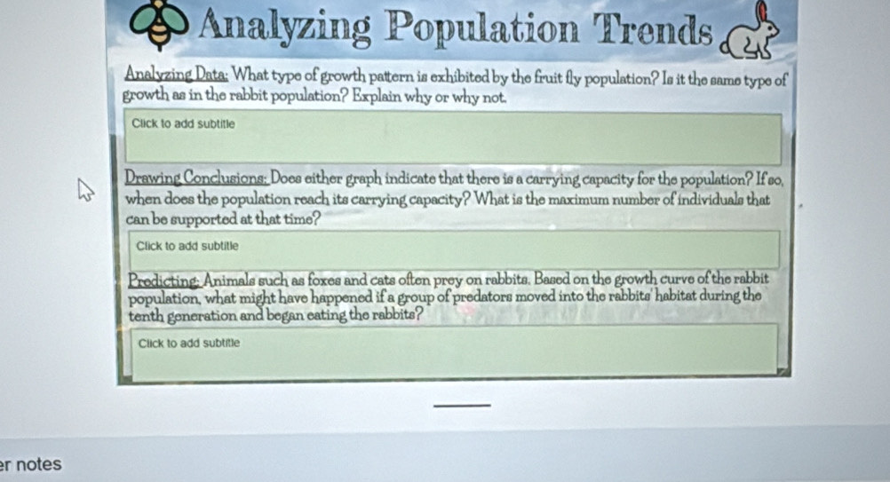 Analyzing Population Trends 
Analyzing Data: What type of growth pattern is exhibited by the fruit fly population? Is it the same type of 
growth as in the rabbit population? Explain why or why not. 
Click to add subtitle 
Drawing Conclusions; Does either graph indicate that there is a carrying capacity for the population? If so, 
when does the population reach its carrying capacity? What is the maximum number of individuals that 
can be supported at that time? 
Click to add subtitle 
Prodicting: Animals such as foxes and cats often prey on rabbits. Based on the growth curve of the rabbit 
population, what might have happened if a group of predators moved into the rabbits' habitat during the 
tenth generation and began eating the rabbits? 
Click to add subtitle 
r notes