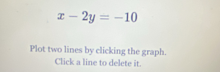 x-2y=-10
Plot two lines by clicking the graph. 
Click a line to delete it.