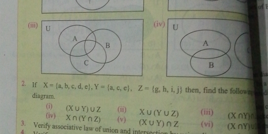 of 1 
(iv) 
(iiU 
A 
B 
dia 
a 
2. If X= a,b,c,d,e , Y= a,c,e , Z= g,h,i,j then, find the follown ad 
diagram. 
C 
(i) (X∪ Y)∪ Z (ii) (X ∩Y) 0 
(iv) X∩ (Y∩ Z) (v) X∪ (Y∪ Z) (iii) a
(X∪ Y)∩ Z (vi) 
4 (X∩Y)vit 
3. Verify associative law of union and intersection