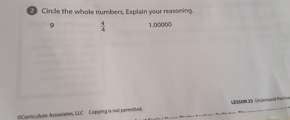 Circle the whole numbers. Explain your reasoning. 
9 1.00000
 4/4 
©Curriculum Associates, LLC Copying is not permitted. LESSON 23 Understand Positive