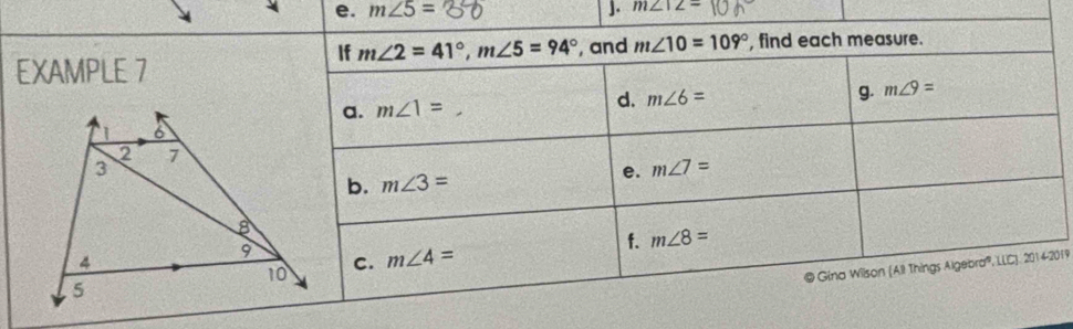 m∠ 5= J. m∠ 12=
019