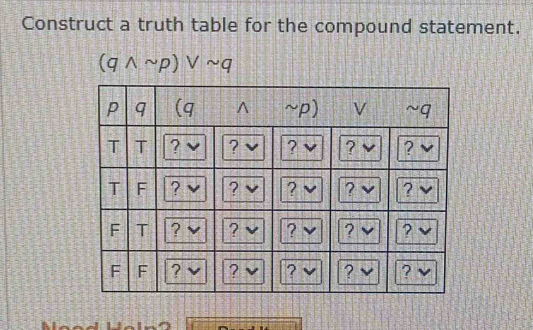 Construct a truth table for the compound statement.
(qwedge sim p)vee sim q