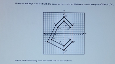 Hexagon MNOPOR is dilated with the origin as the center of dilation to create hexagon i ∠ NOP QR
Which of the following rules describes this transformation?