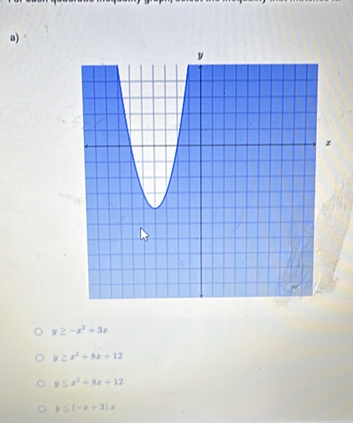 y≥ -x^2+3x
y≥ x^2+8x+12
y≤ x^2+8x+12
y≤ (-x+3)x