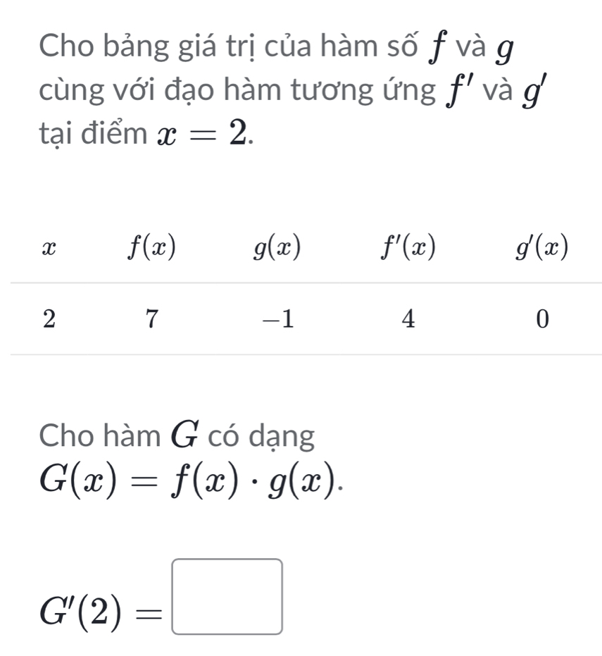 Cho bảng giá trị của hàm số f và g
cùng với đạo hàm tương ứng f' và g
tại điểm x=2.
Cho hàm G có dạng
G(x)=f(x)· g(x).
G'(2)=□