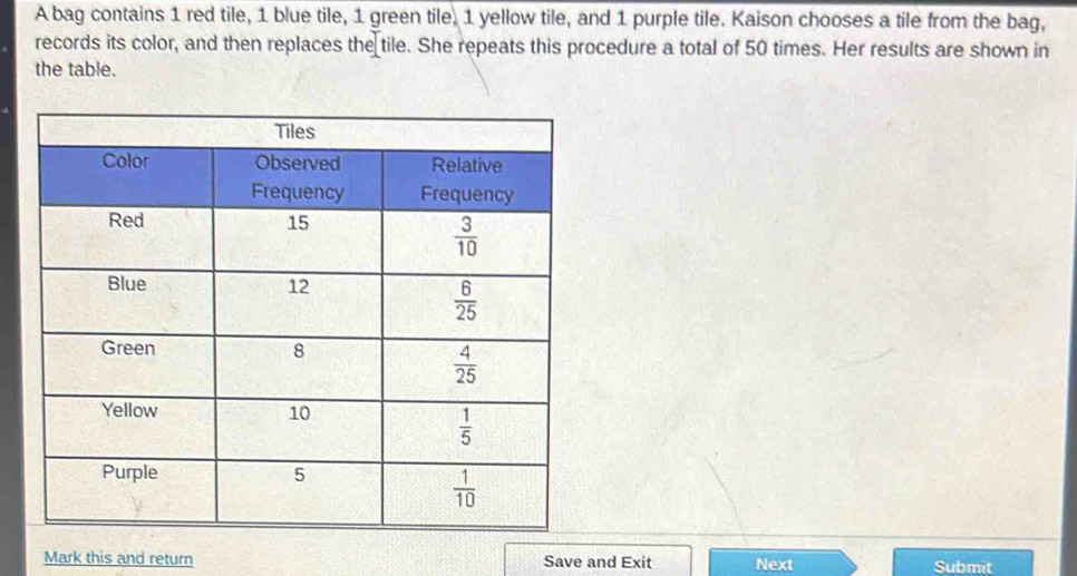 A bag contains 1 red tile, 1 blue tile, 1 green tile, 1 yellow tile, and 1 purple tile. Kaison chooses a tile from the bag,
records its color, and then replaces the tile. She repeats this procedure a total of 50 times. Her results are shown in
the table.
Mark this and return Save and Exit Next Submit