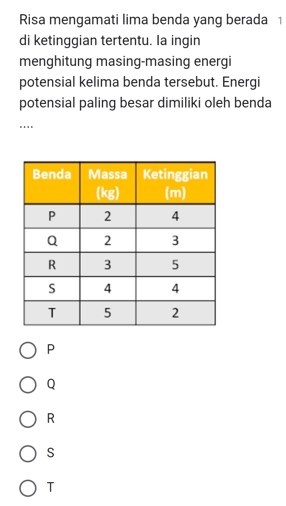 Risa mengamati lima benda yang berada 1
di ketinggian tertentu. la ingin
menghitung masing-masing energi
potensial kelima benda tersebut. Energi
potensial paling besar dimiliki oleh benda
…
P
Q
R
S
T