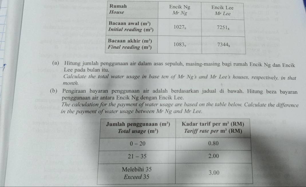 Hitung jumlah penggunaan air dalam asas sepuluh, masing-masing bagi rumah Encik Ng dan Encik
Lee pada bulan itu.
Calculate the total water usage in base ten of Mr Ng's and Mr Lee's houses, respectively, in that
month.
(b) Pengiraan bayaran penggunaan air adalah berdasarkan jadual di bawah. Hitung beza bayaran
penggunaan air antara Encik Ng dengan Encik Lee.
The calculation for the payment of water usage are based on the table below. Calculate the difference
in the payment of water usage between Mr Ng and Mr Lee.