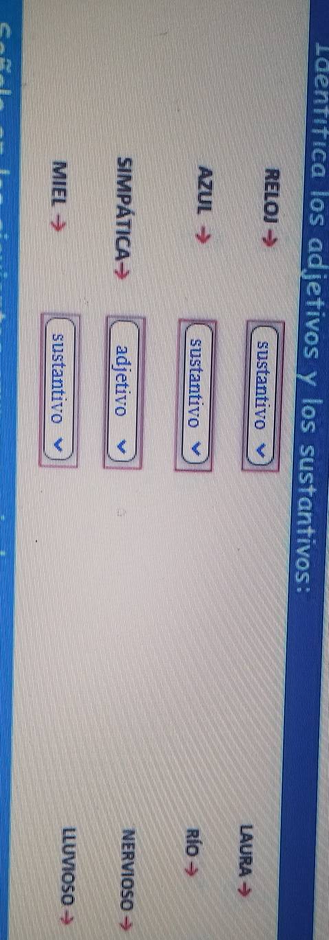 Ldentítica los adjetivos y los sustantivos: 
RELOJ sustantivo 
LAURA → 
AZUL → 
sustantivo río → 
SIMPÁTICA adjetivo 
NERVIOSO → 
MIEL sustantivo 
LLUVIOSO