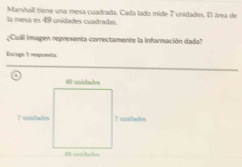 Marshall tiene una mesa cuadrada. Cada lado mide 7 unidades. El área de
la mesa es 49 unidades cuadradas.
Cual i magen representa correctamente la información dada?
Escoge 1 respoesta:
a
49 unidades
7 unidades 7 unidades
#0 vmidados