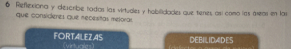 Reflexiona y describe todas las virtudes y habilidades que tienes, así como las áreas en las 
que consideres que necesitas mejorar. 
FORTALEZAS DEBILIDADES 
(virtuales)