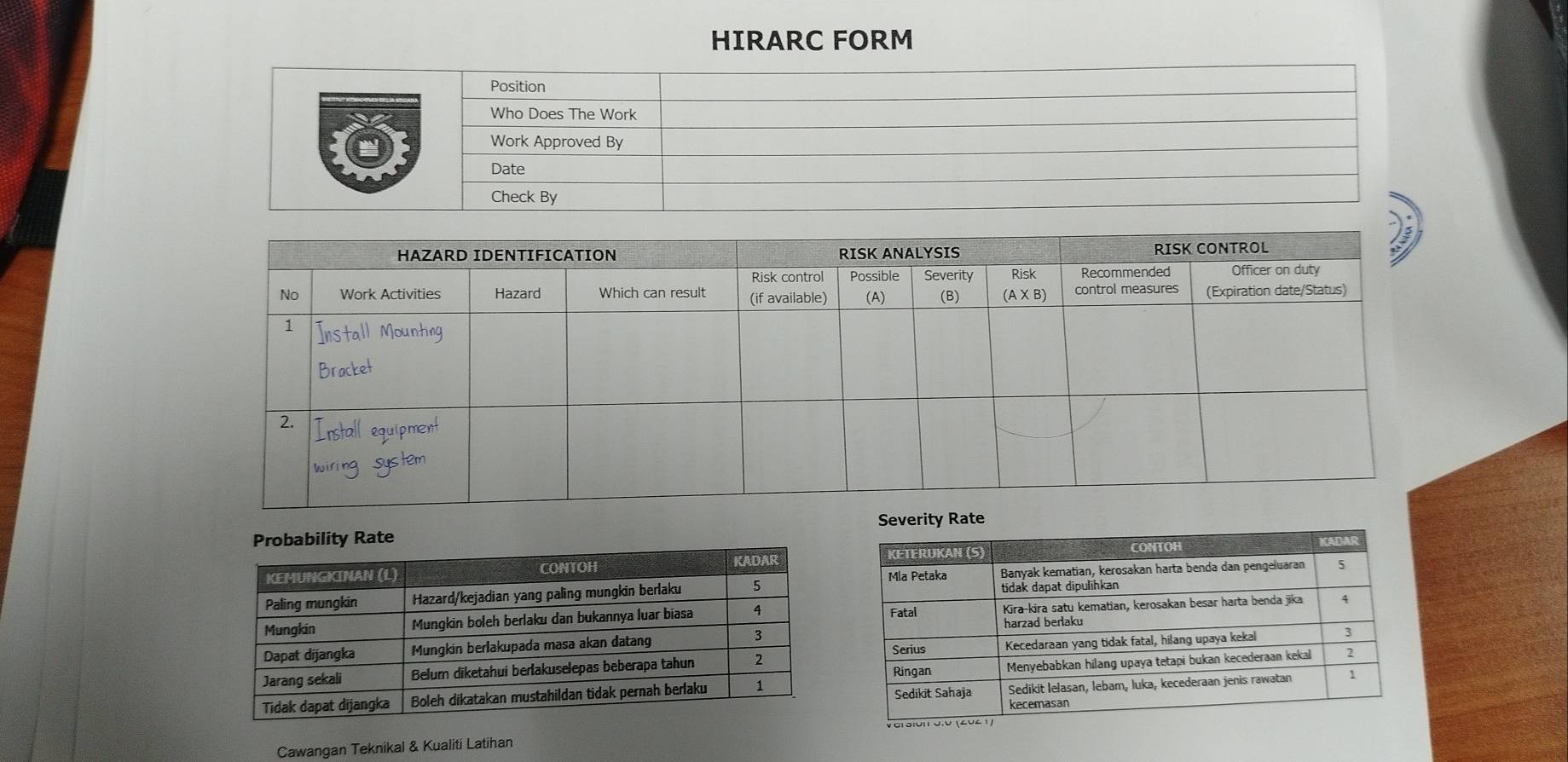 HIRARC FORM 
te 
Cawangan Teknikal & Kualiti Latihan