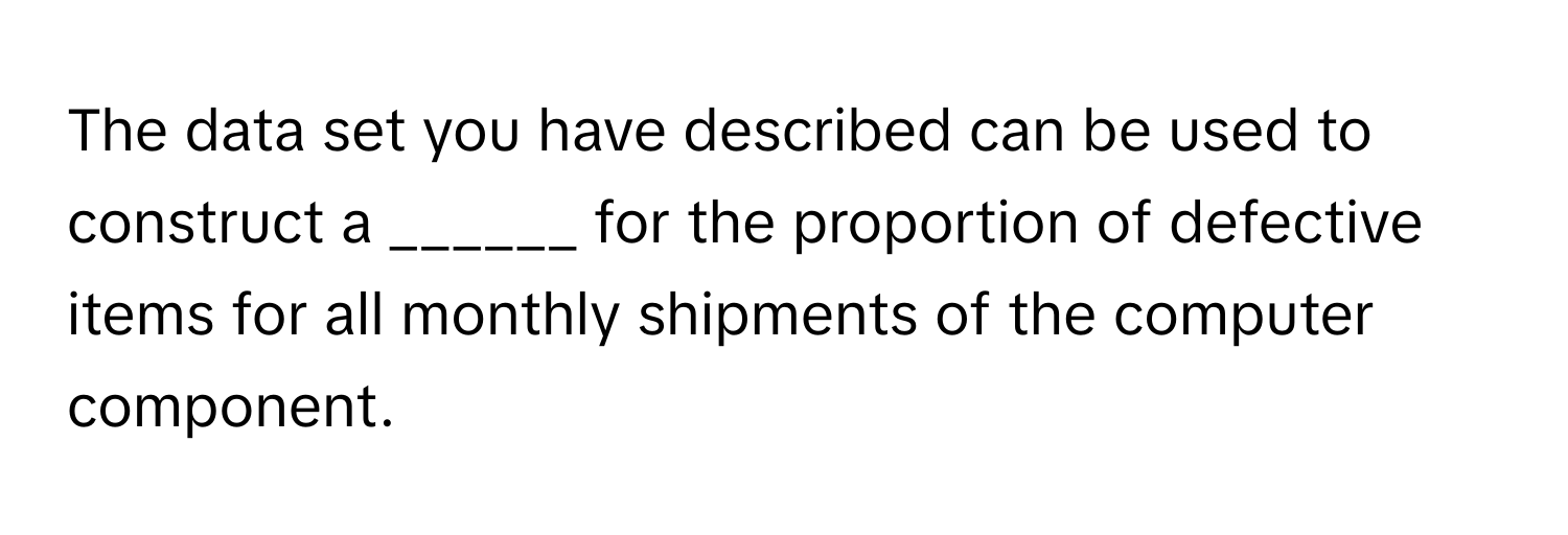 The data set you have described can be used to construct a ______ for the proportion of defective items for all monthly shipments of the computer component.