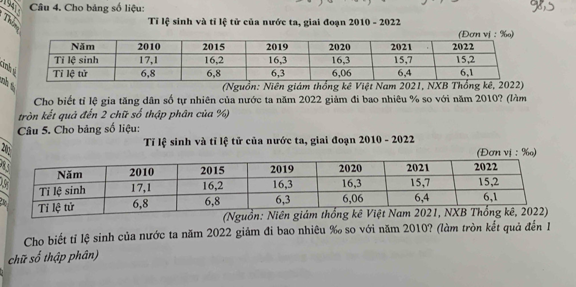 1941 Câu 4. Cho bảng số liệu: 
Thôn 
Tỉ lệ sinh và tỉ lệ tử của nước ta, giai đoạn 2010 - 2022 
tin 
nh 
(Nguồn: Niên giám thống kê Việ 
Cho biết tỉ lệ gia tăng dân số tự nhiên của nước ta năm 2022 giảm đi bao nhiêu % so với năm 2010? (làm 
tròn kết quả đến 2 chữ số thập phân của %) 
Câu 5. Cho bảng số liệu: 
202 
Tỉ lệ sinh và tỉ lệ tử của nước ta, giai đoạn 2010 - 2022 
ị : ‰) 
9 
0, 
s 
(Nguồn: Niên giám thố 
Cho biết tỉ lệ sinh của nước ta năm 2022 giảm đi bao nhiêu ‰ so với năm 2010? (làm tròn kết quả đến 1 
chữ số thập phân)