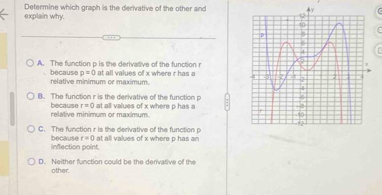 Determine which graph is the derivative of the other and
explain why.
A. The function p is the derivative of the function r
because p=0 at all values of x where r has a
relative minimum or maximum.
B. The function r is the derivative of the function p
because r=0 at all values of x where p has a
relative minimum or maximum.
C. The function r is the derivative of the function p
because r=0 at all values of x where p has an
inflection point.
D. Neither function could be the derivative of the
other.