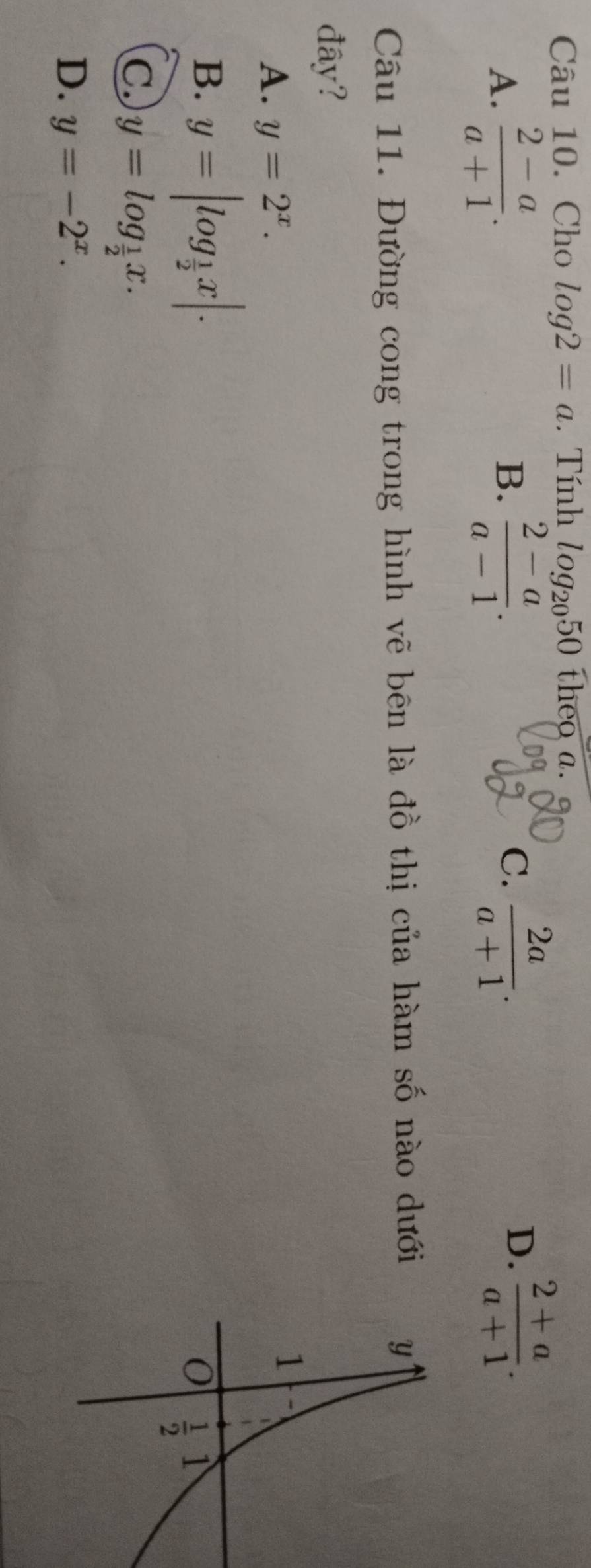 Cho log 2=a. Tính log _2050 overline theo a .
A.  (2-a)/a+1 .  (2-a)/a-1 .
B.
C.  2a/a+1 .  (2+a)/a+1 .
D.
Câu 11. Đường cong trong hình vẽ bên là đồ thị của hàm số nào dưới 
đây?
A. y=2^x.
B. y=|log _ 1/2 x|.
C. y=log _ 1/2 x.
D. y=-2^x.